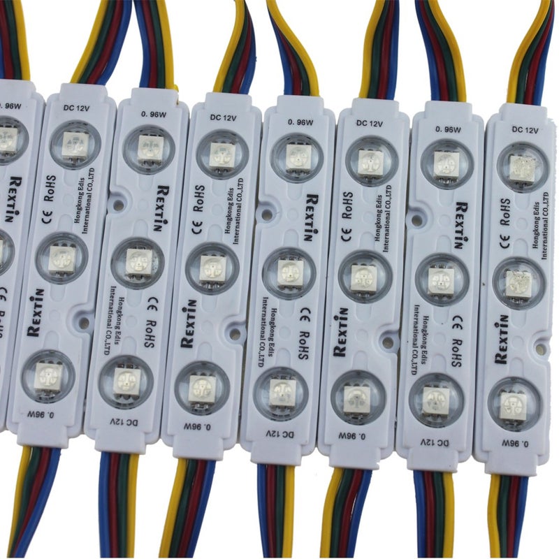 REXTiN 200 قطعة 12 فولت 5050 SMD 3 وحدة LED RGB تغيير الألوان أضواء مصباح لتزيين المنزل والحديقة وزفاف عيد الميلاد حفلة تصميم الحروف (حقن RGB) - Image 1